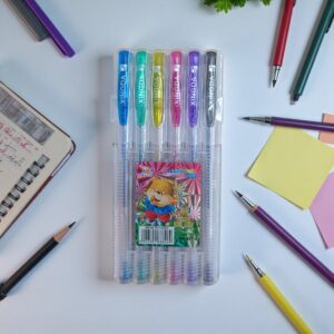 3883 Set de 6 lapiceras colores con glitter, estuche