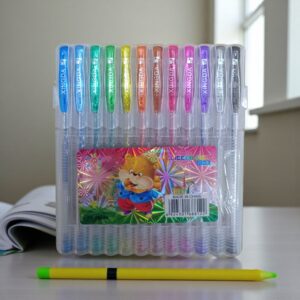 3885 Set de 12 lapiceras colorescon glitter, estuche.