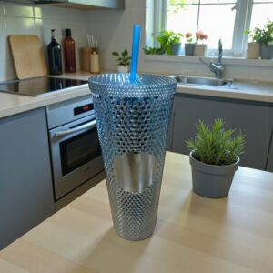 45027 Vaso de plástico c/ tapa y sorbito Metalizado 23x10cm
